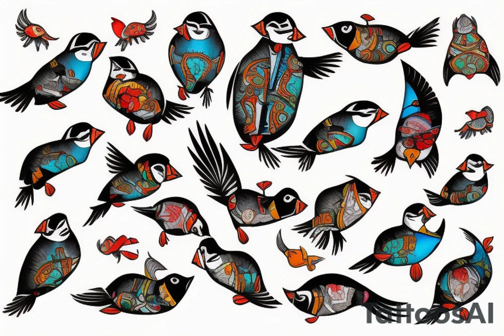 Puffin bird mola style colorful tattoo idea