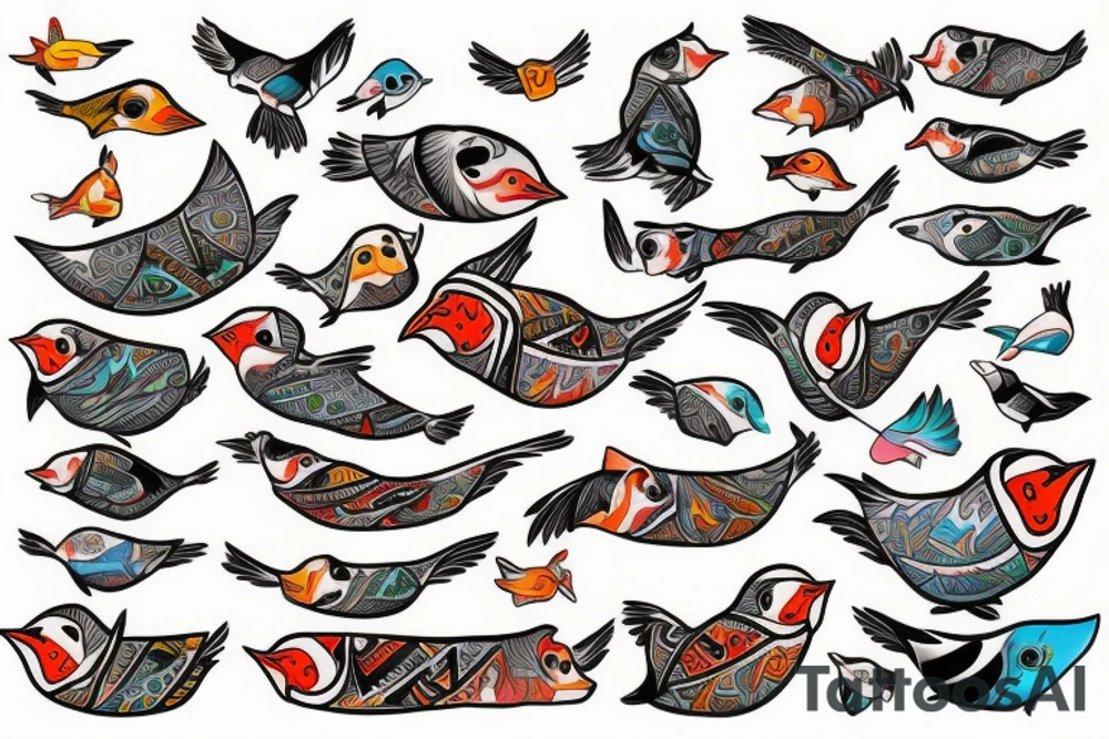 Puffin bird mola style colorful tattoo idea