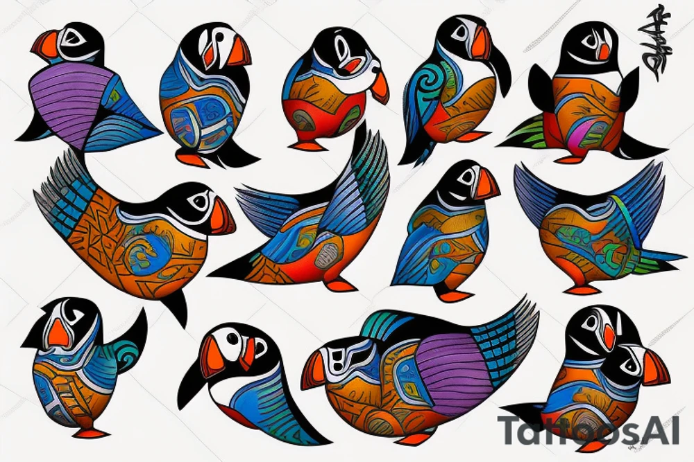 Mola style colorful puffin tattoo idea
