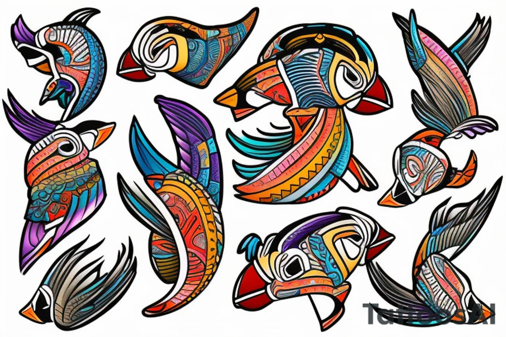 Mola style colorful puffin tattoo idea