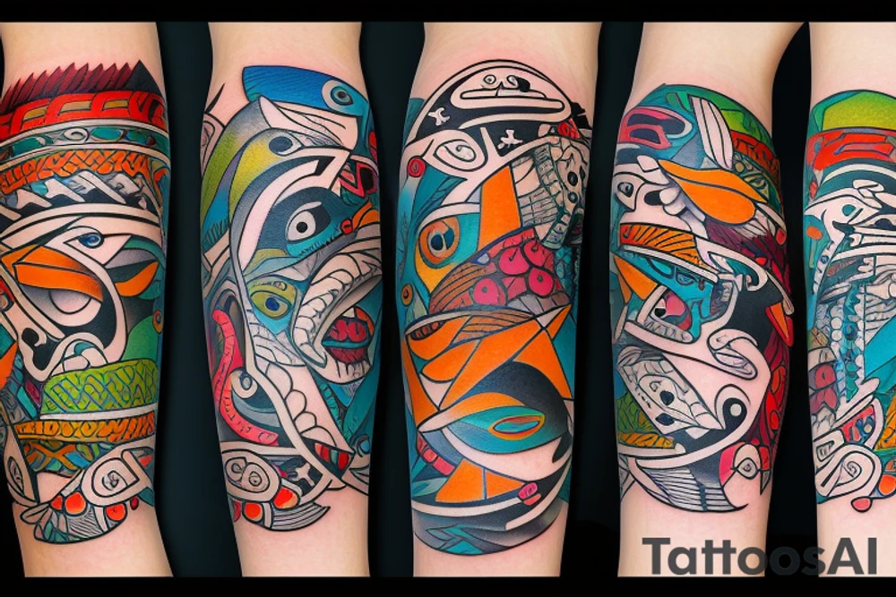 Mola style colorful puffin tattoo idea