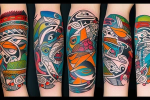 Mola style colorful puffin tattoo idea