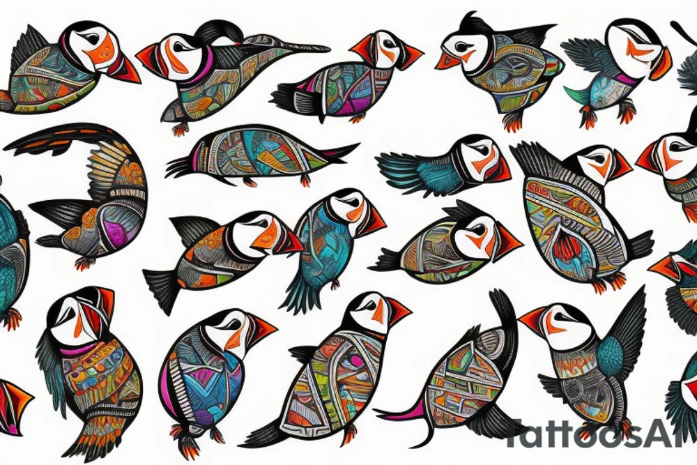 Colorful puffin mola tattoo idea