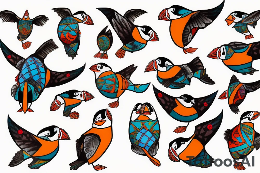 Colorful puffin mola tattoo idea