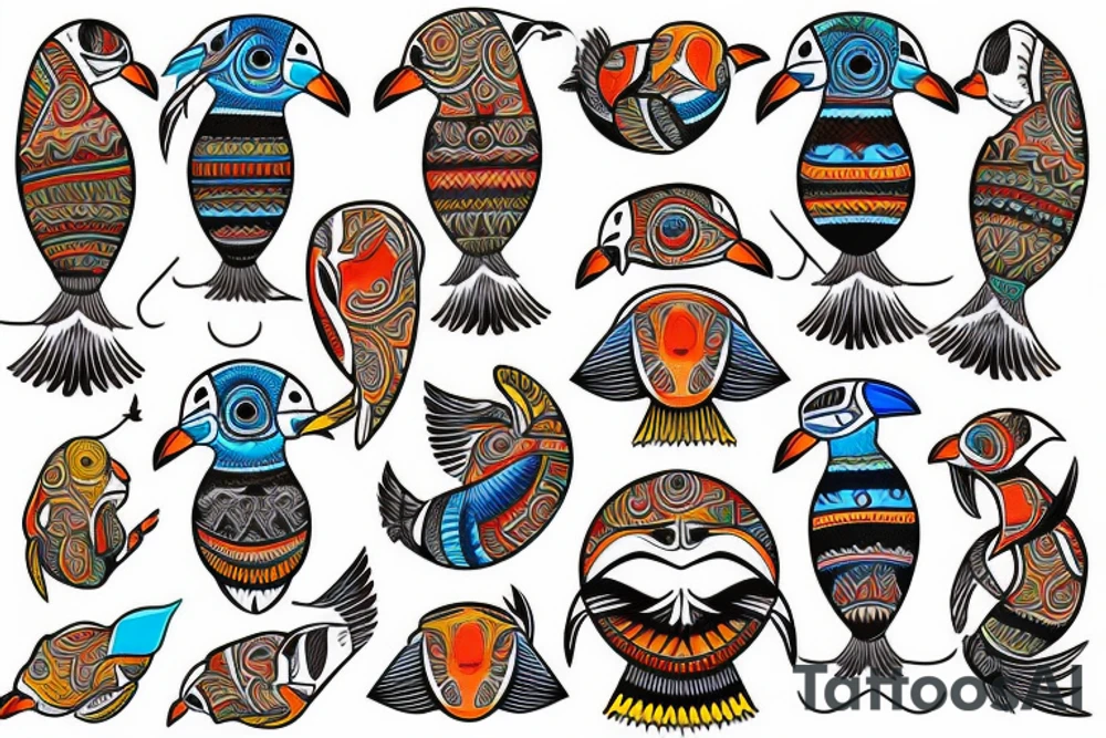 Colorful puffin mola tattoo idea