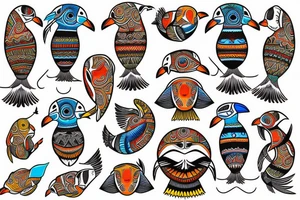Colorful puffin mola tattoo idea