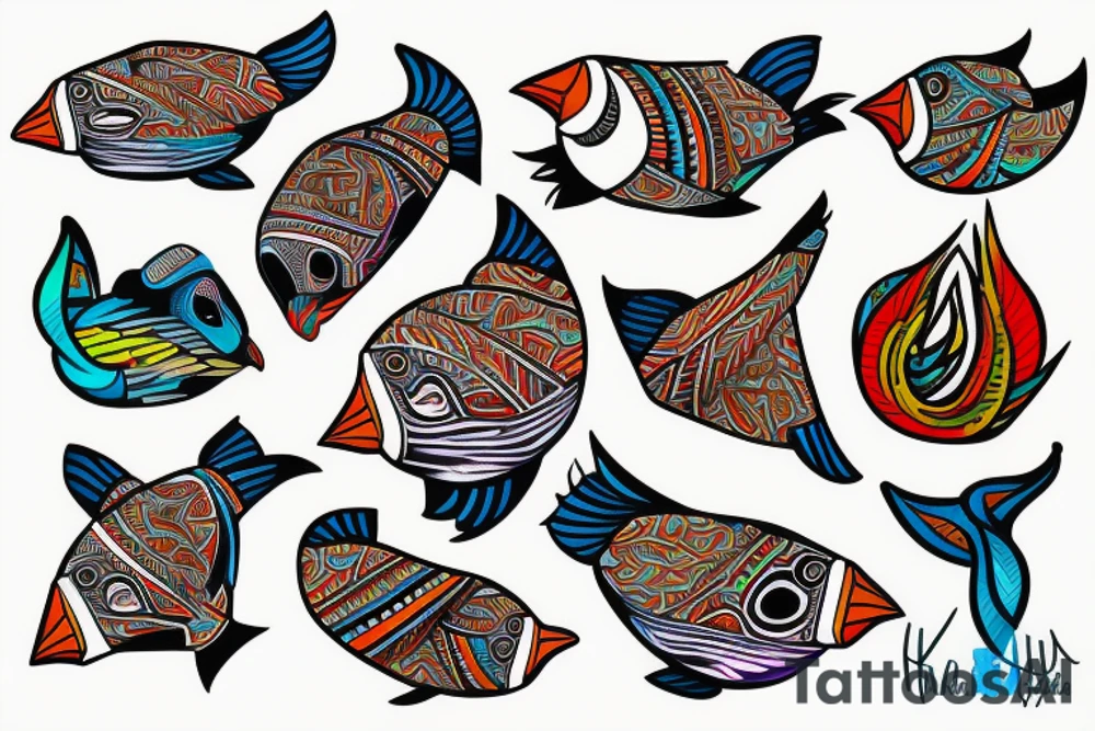Colorful puffin mola tattoo idea