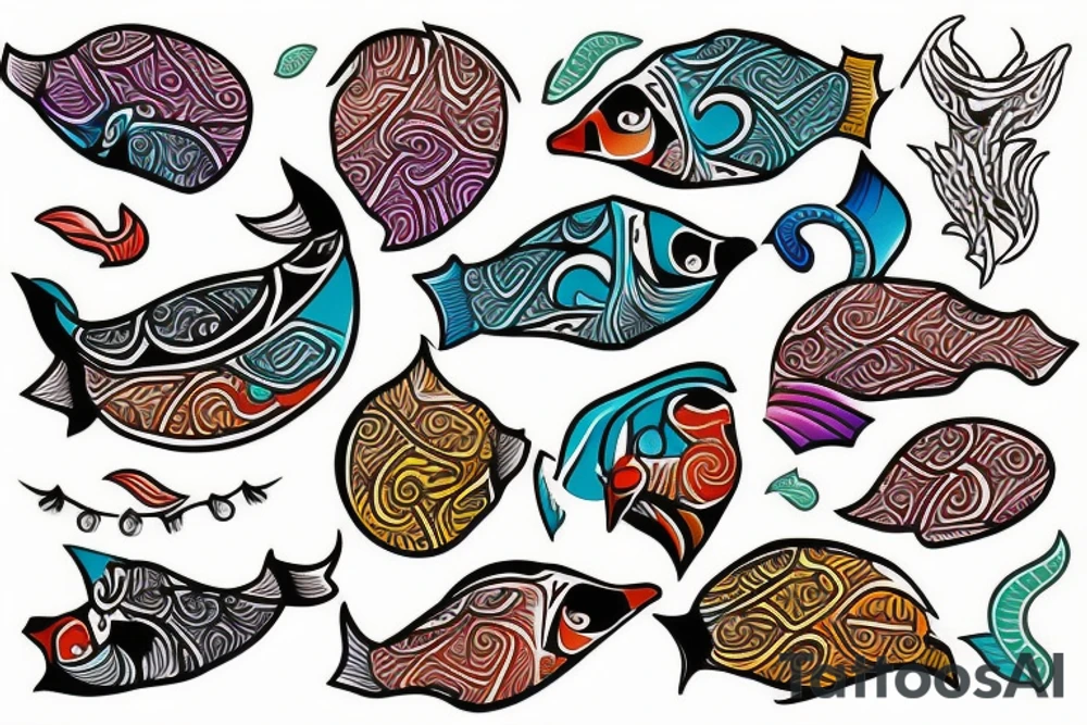 Colorful mola puffin tattoo idea