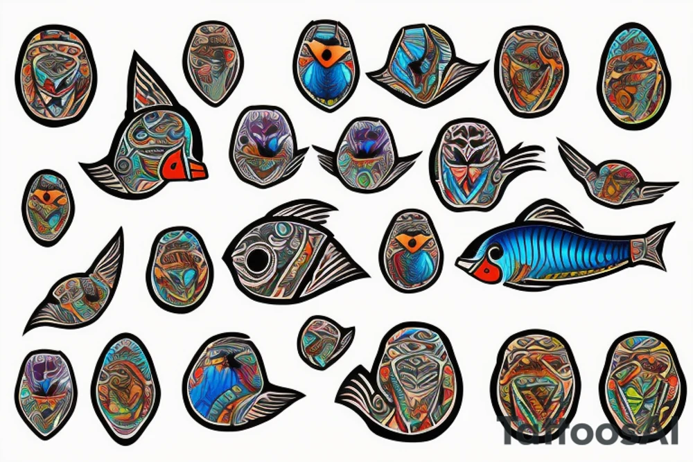 Colorful mola puffin tattoo idea