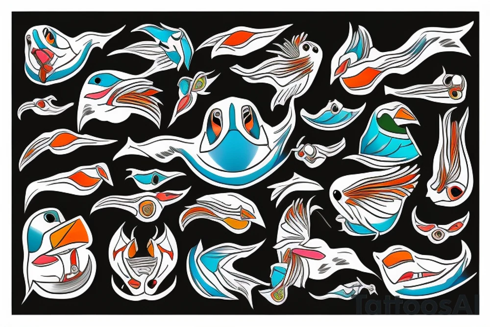 Colorful mola puffin bird tattoo idea