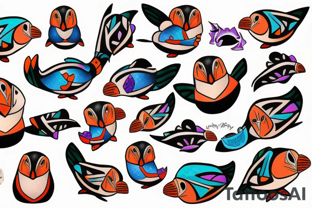 Colorful mola puffin bird tattoo idea
