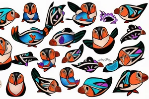 Colorful mola puffin bird tattoo idea