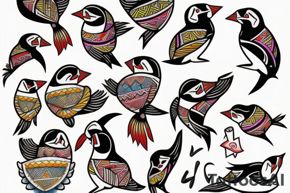 Colorful mola puffin bird tattoo idea