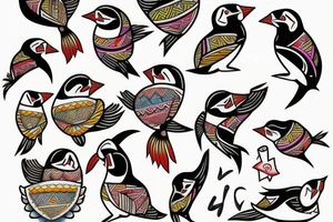 Colorful mola puffin bird tattoo idea