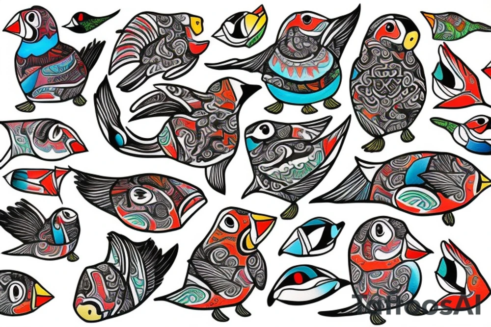 Colorful mola puffin bird tattoo idea
