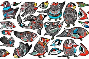 Colorful mola puffin bird tattoo idea