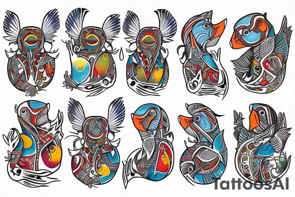 Colorful mola puffin bird tattoo idea