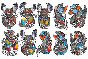 Colorful mola puffin bird tattoo idea