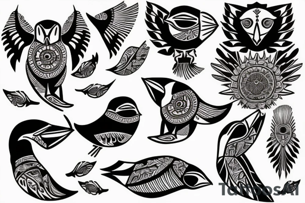 Colorful mola style puffin bird tattoo idea