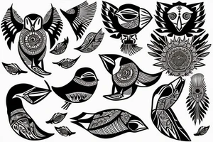 Colorful mola style puffin bird tattoo idea