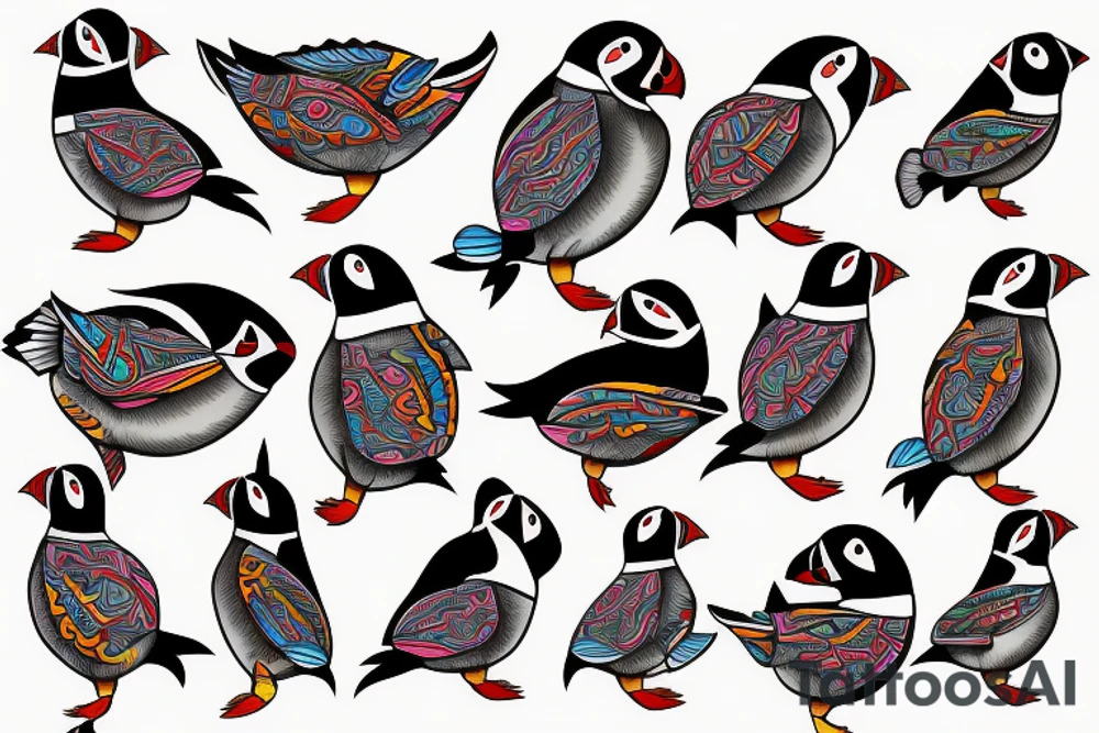 Colorful mola style puffin bird tattoo idea