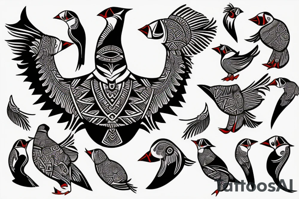 Colorful mola style puffin bird tattoo idea