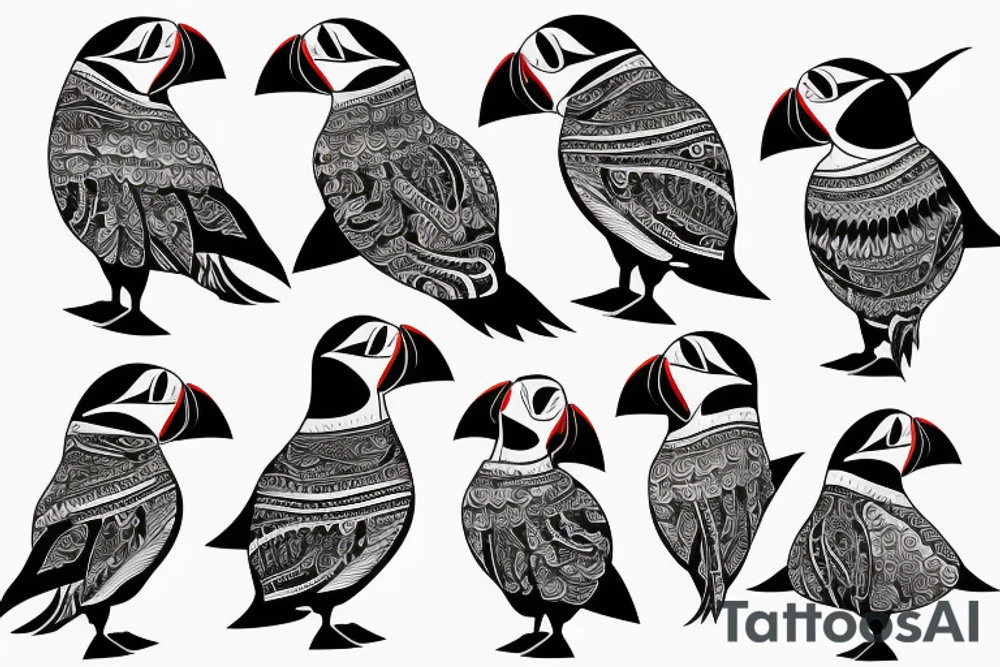 Colorful mola style puffin bird tattoo idea