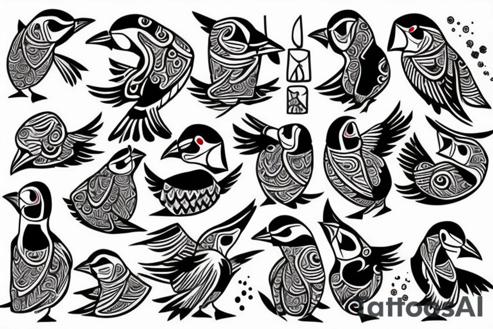 Colorful mola style puffin bird tattoo idea
