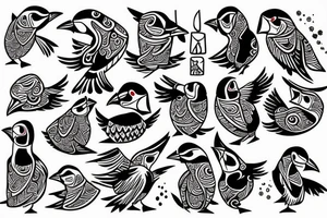 Colorful mola style puffin bird tattoo idea