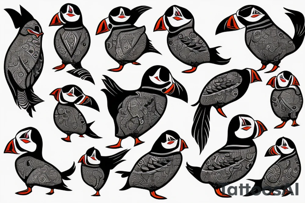 Colorful mola style puffin bird tattoo idea