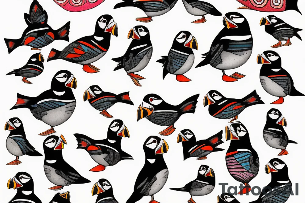 Colorful mola style puffin bird tattoo idea