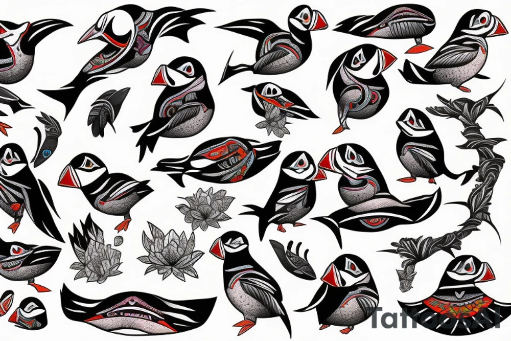 Colorful mola style puffin bird tattoo idea