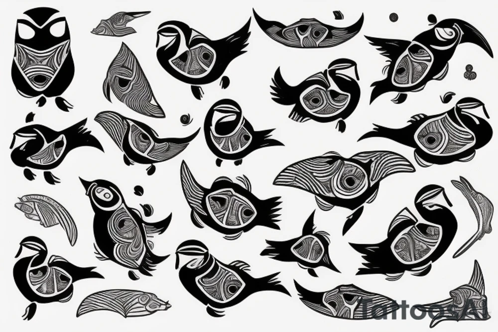 Colorful mola puffin tattoo idea