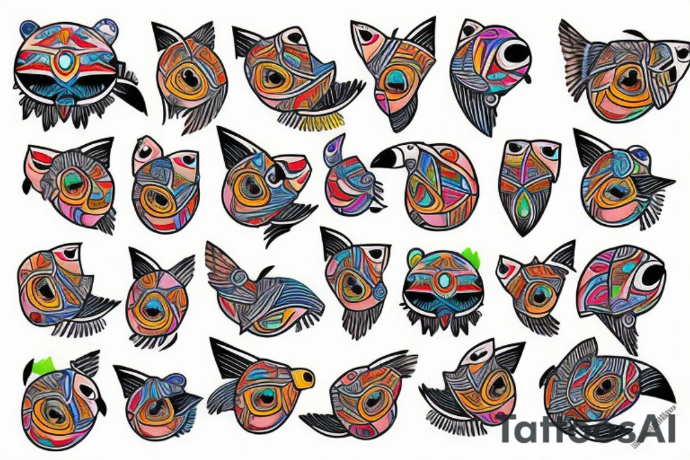 Colorful mola puffin tattoo idea
