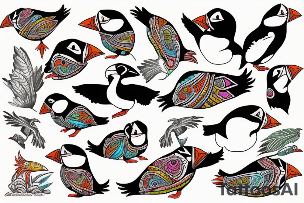 Colorful mola puffin burd tattoo idea