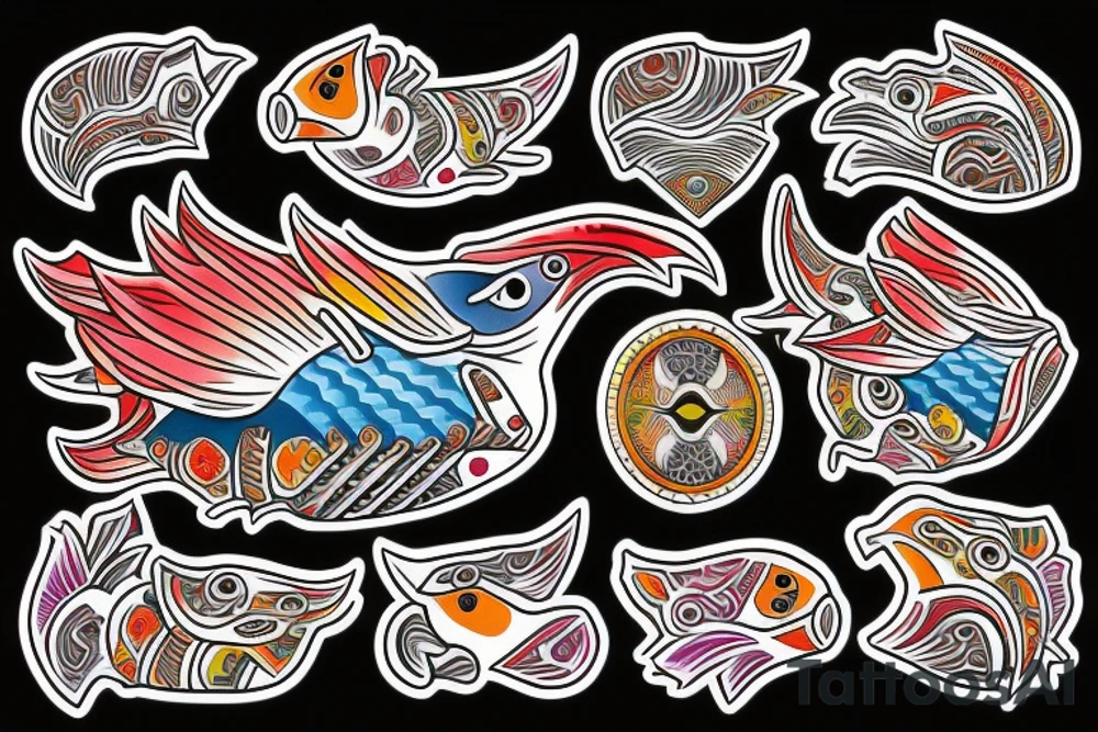 Colorful mola puffin bird tattoo idea