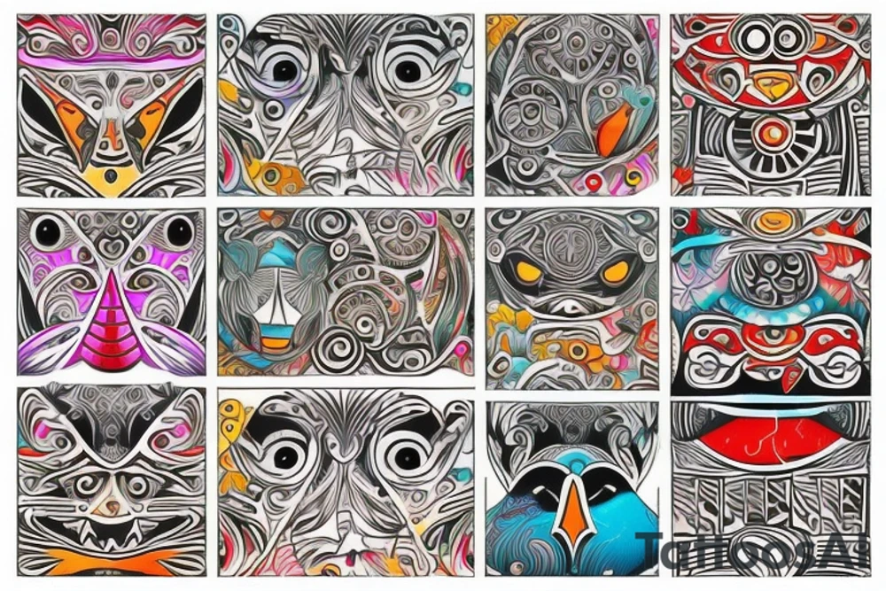 Colorful mola puffin bird tattoo idea