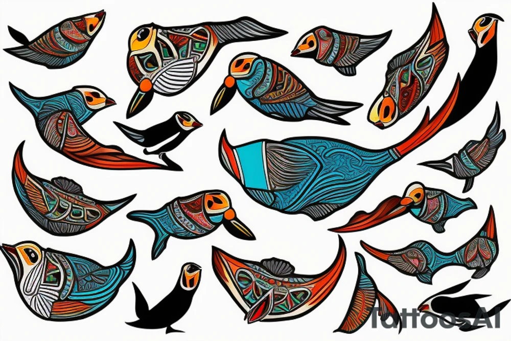 Colorful mola puffin bird tattoo idea
