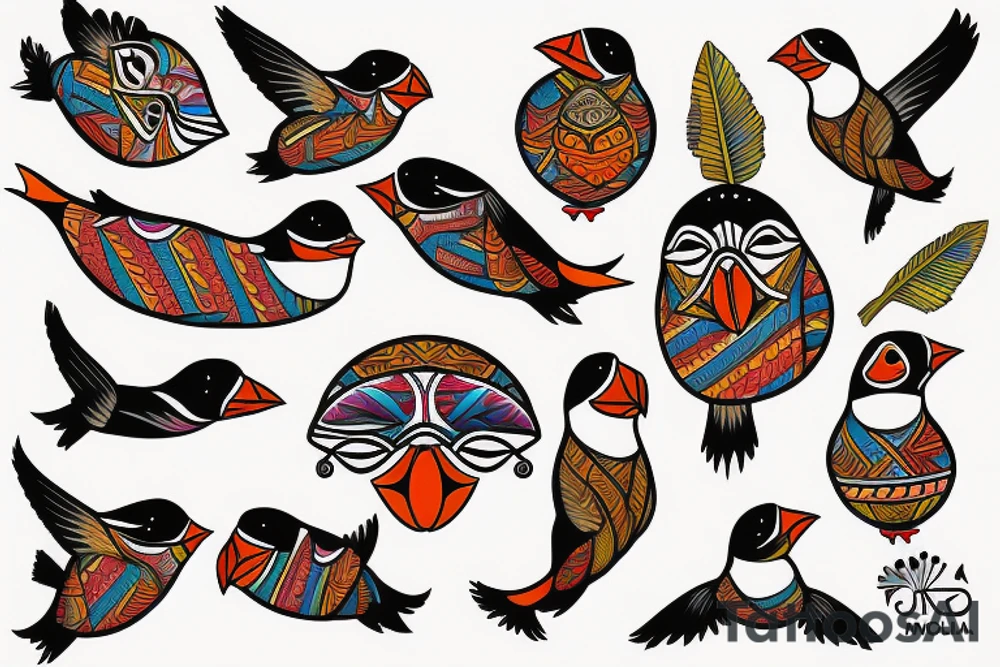 Colorful mola puffin bird tattoo idea