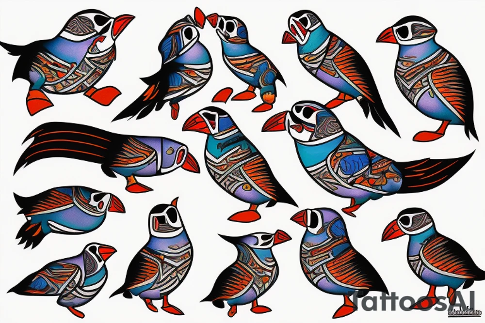 Colorful mola puffin bird tattoo idea