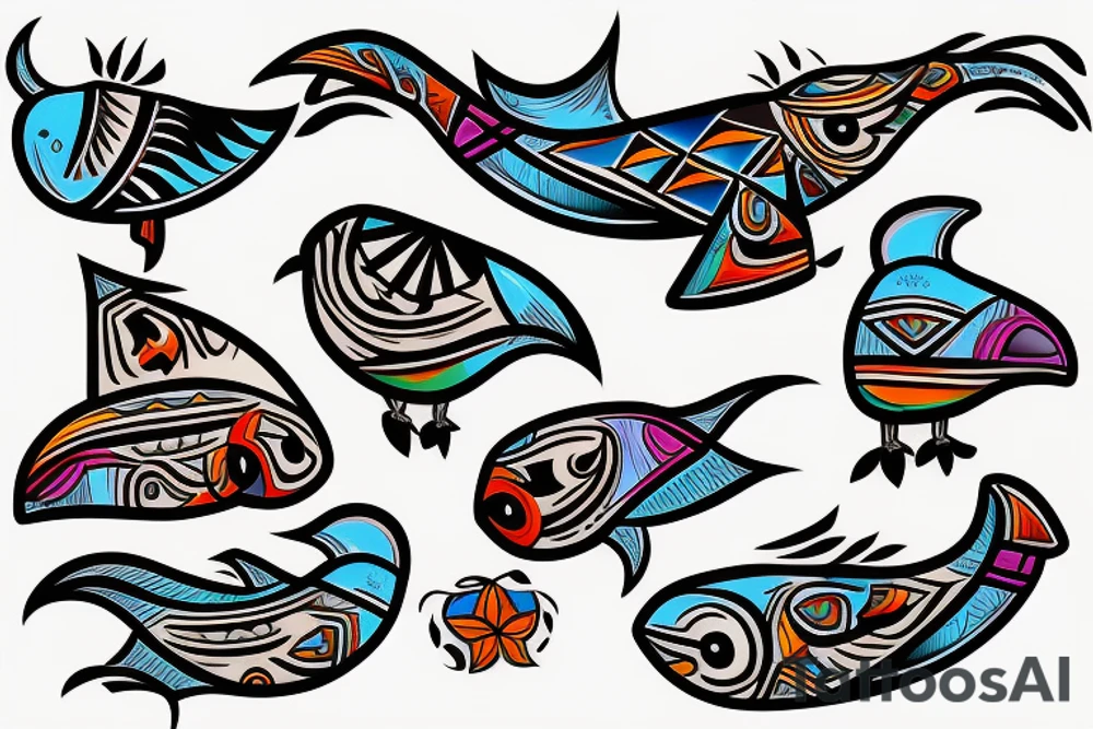 Colorful mola puffin bird tattoo idea