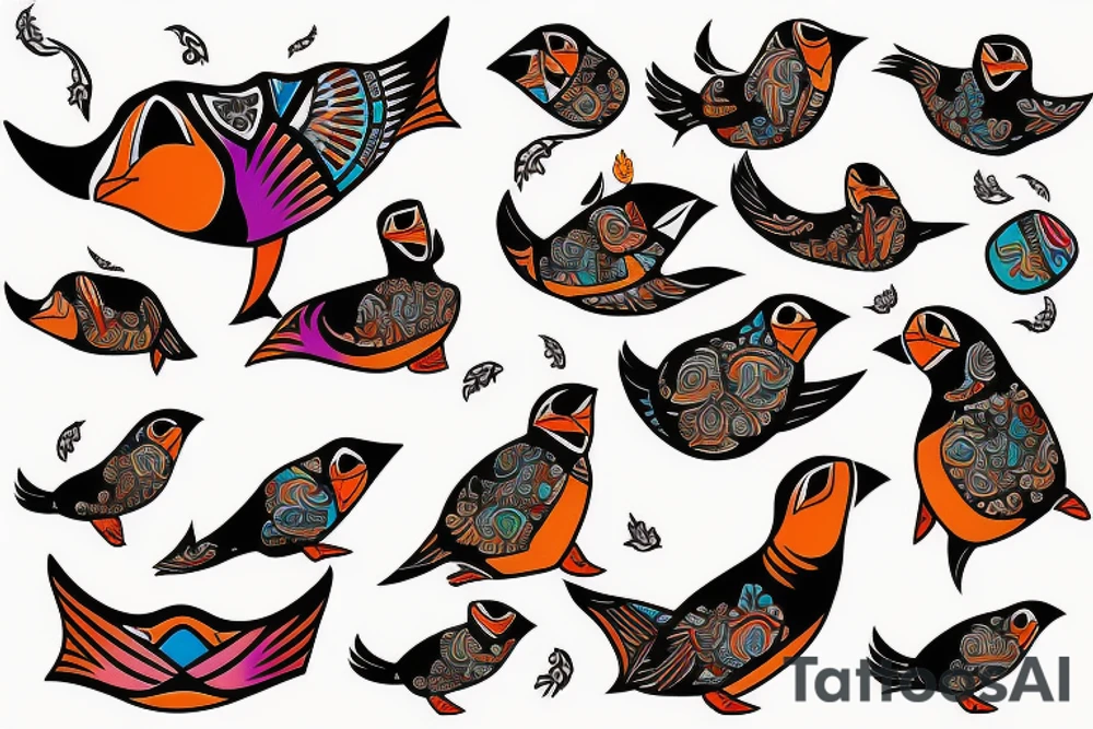 Colorful mola puffin bird tattoo idea