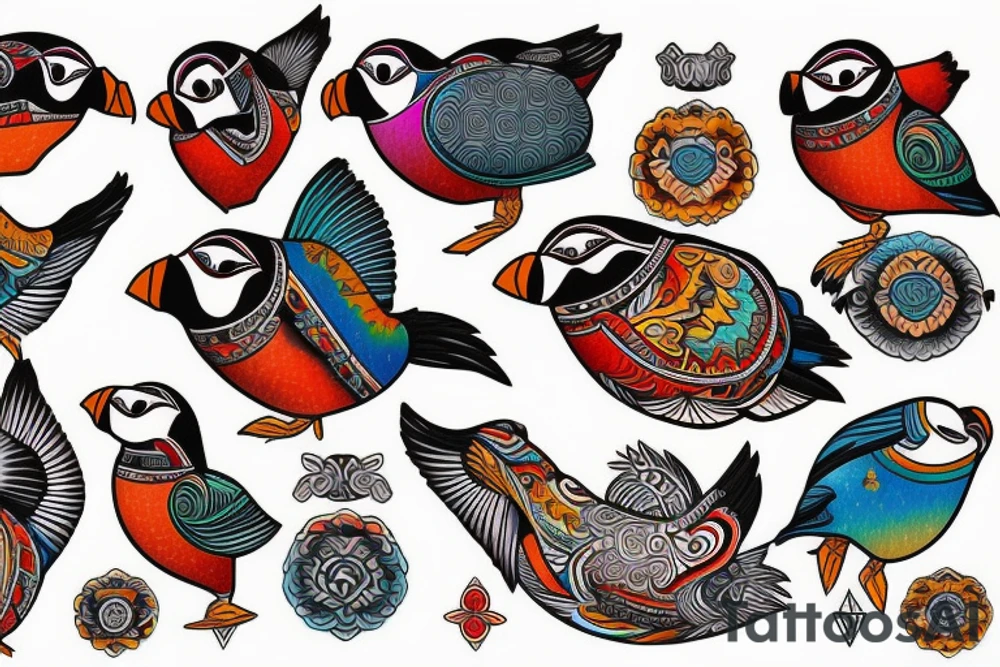 Colorful mola puffin bird tattoo idea