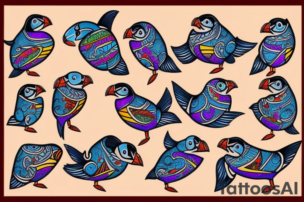 Colorful mola puffin bird tattoo idea