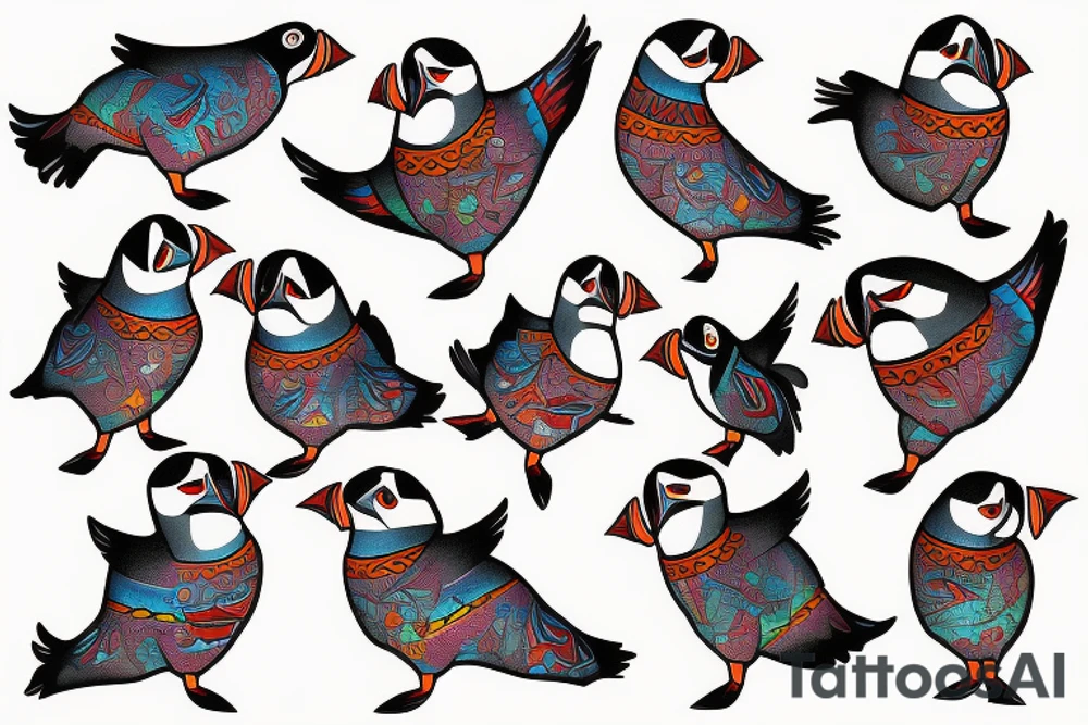 Colorful mola puffin bird tattoo idea