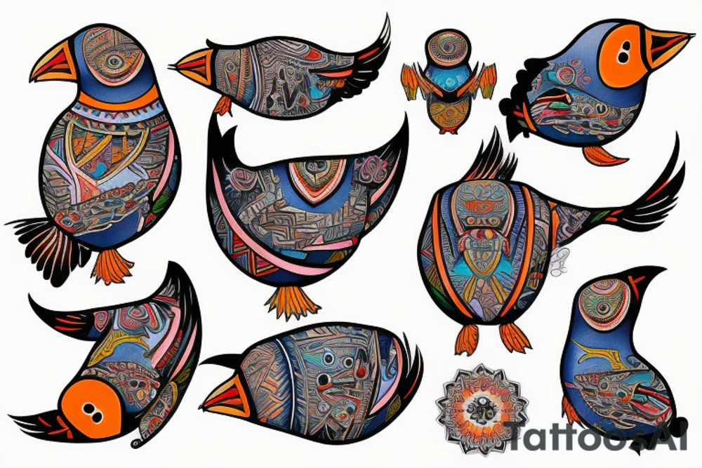 Colorful mola puffin bird tattoo idea