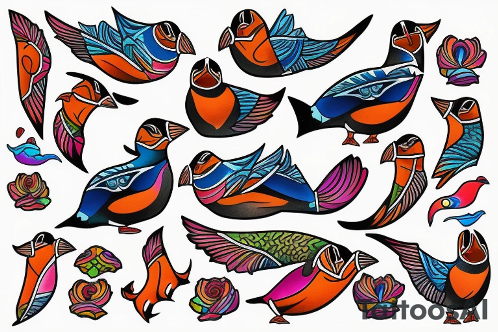 Colorful mola puffin bird tattoo idea