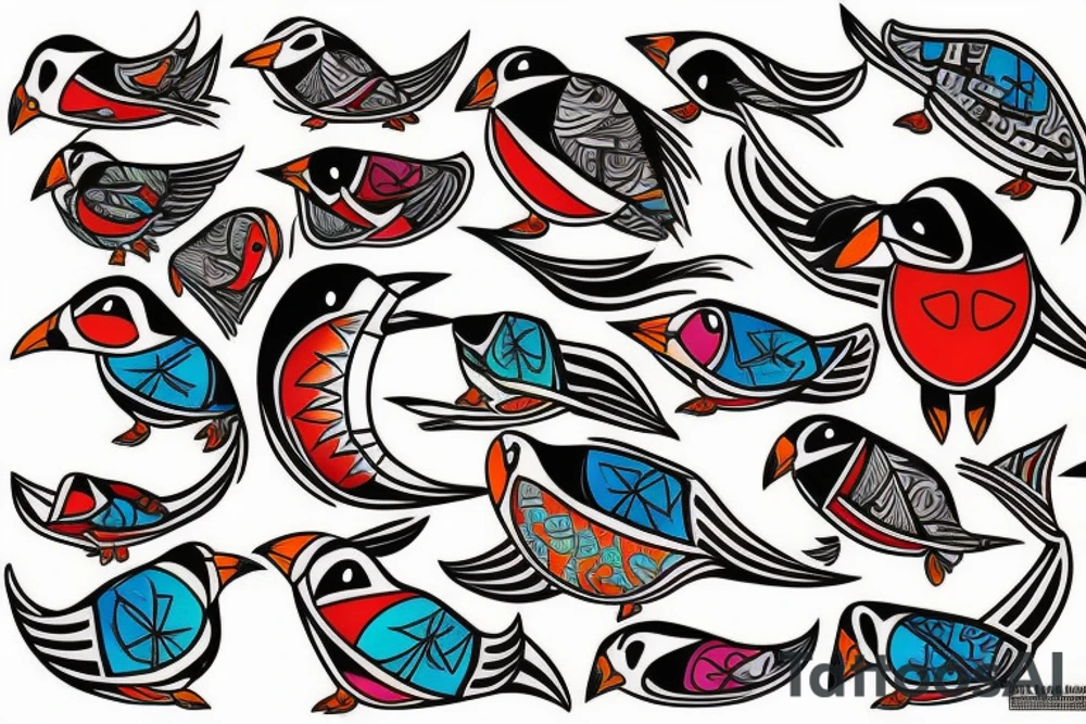 Colorful mola puffin bird tattoo idea