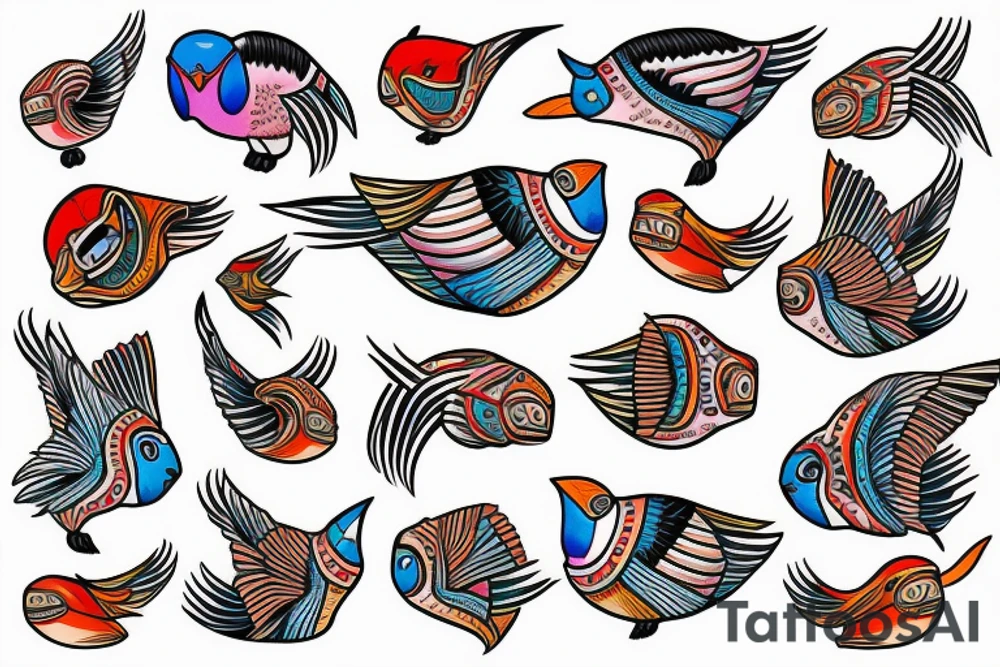 Colorful mola puffin bird tattoo idea