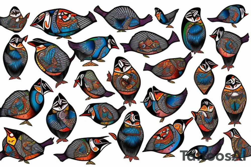 Colorful mola puffin bird tattoo idea